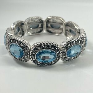 RMN Blue Glass Marcasite Rhinestone Silver Tone Twist Look Stretch Bracelet
